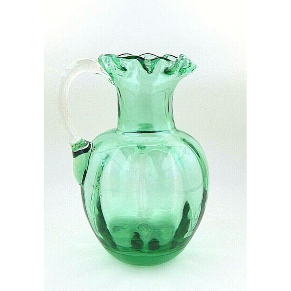 Art Glass Green Hand Blown Glass Small Pitcher Vase Ruffle Top - Picture 3 of 8